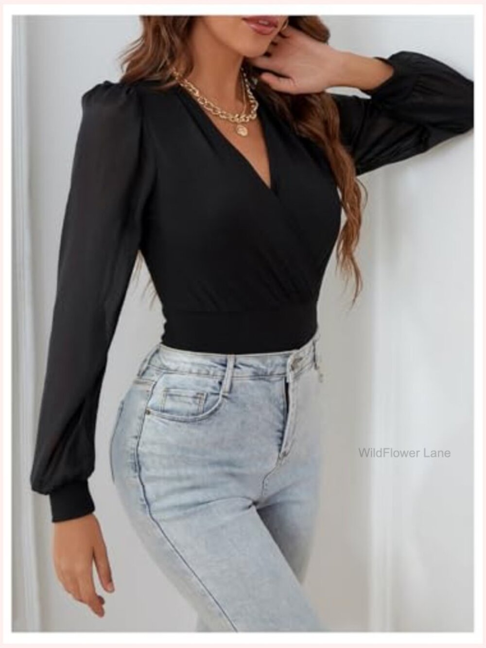 Women's Sheer Mesh Lantern Long Sleeve Bodysuit Wrap V Neck Blouse - Picture 3 of 5